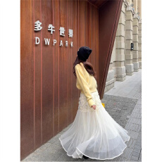 批发温柔风高级感套装<b class='q'>女</b>黄色软糯毛衣秋冬立体花朵网纱<b class='q'>半身裙</b>两件套<b class='q'>女</b>