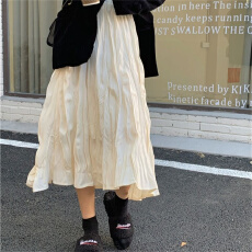 批发杏色褶皱<b class='q'>半身裙</b><b class='q'>女</b>春秋2026新款高腰百褶裙a字裙大摆伞裙子中长款