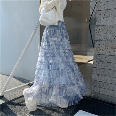 批发2026秋季新款蓝色扎染大摆网纱<b class='q'>半身裙</b><b class='q'>女</b>超仙洋气蓬蓬蛋糕漂亮长<b class='q'>裙</b>