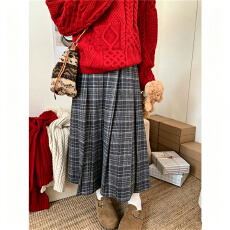 批发格纹百褶长裙 <b class='q'>秋</b>冬复古搭配毛呢格子毛呢松紧腰<b class='q'>半身裙</b>