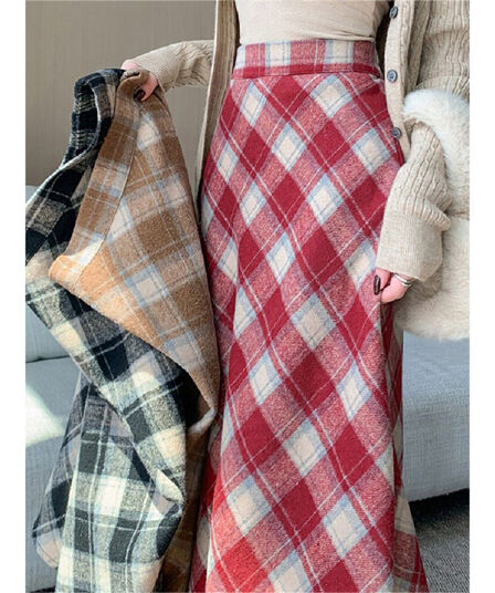 두꺼운 빨간색 체크무늬 반신 스커트 여성 가을 겨울철 새로운 하이웨이스트 표지 넓적 다리 중간 길이 한 마디 플리츠 치마