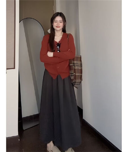 커피 색상 모직 반신 스커트 여성 봄 가을 겨울 2026 새로운 중간 길이 하이웨이스트 한 마디 우산 치마 작은 키 플리츠 스커트