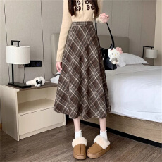 批发蓝色加厚毛呢格子半身裙女秋冬高腰a字百褶裙大摆伞裙止步长裙子