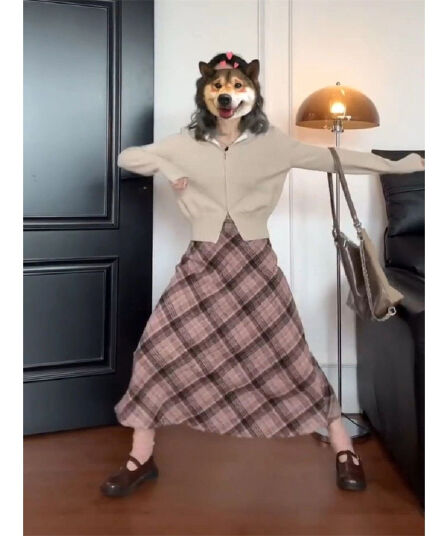 아메리칸 핑크색 봄 가을 겨울 레트로 하이웨이스트 슬림해 보이는 학원 루즈핏 모직 체크무늬 반신 스커트 여성 중간 길이 우산 치마