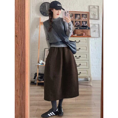 批发美拉德咖色毛呢半身裙女春秋冬2026新款垂感高腰宽松a字大摆伞裙