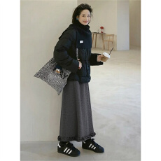 批发深灰色木耳边拼接半身裙女秋<b class='q'>冬</b>季加厚A字中长裙松紧腰加绒毛呢裙