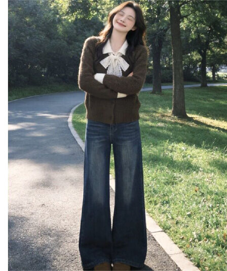 한 부서 분위기 센스 레이스 나비 매듭 스웨터 오픈 가디건 여성 가을 배색 POLO 칼라 와이드 부드러운 찹쌀 니트 재킷
