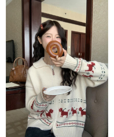 토지 작은 그룹 만화 강아지 스웨터 여성 코트 2026 가을 레트로 디자인 센스 루즈핏 다용도 느긋한 맨위