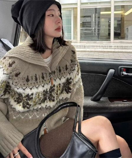 공정한 섬 레트로 자카드 폴로 칼라 더블 지퍼 긴팔 스웨터 여성 코트 루즈핏 느긋한 바람 니트 오픈 가디건 맨위