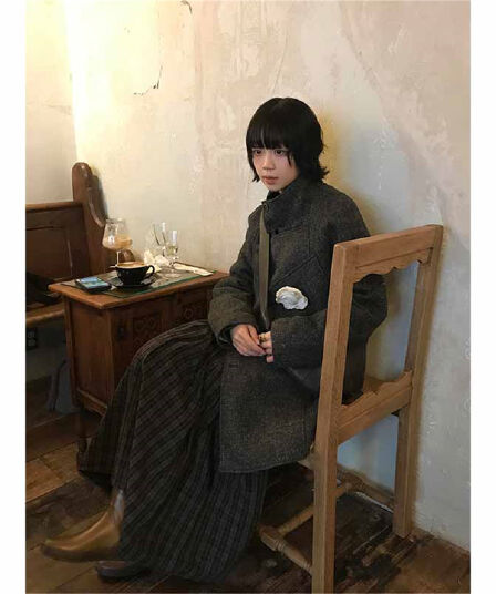 2026 가을 겨울 체크무늬 레이스 분할 중간 길이 반신 스커트 여성 레트로 허리밴드 다용도 한 마디 큰 진자 우산 치마