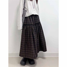 批发2025春秋格纹花边分割中长款半身裙女通勤<b class='q'>百搭</b>松紧腰A字大摆伞裙