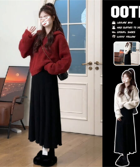 느긋한 바람 빨간색 후드 풀오버 스웨터 여자 가을 겨울철 2026 새로운 고급 센스 작은 키 겨울로 전체 집합