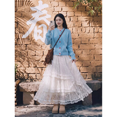 批发云南旅游拍照蓝色针织<b class='q'>连衣裙</b>女秋冬季巨好看ootd韩系穿搭一整套装