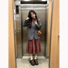 批发复古格子半身裙女2026年秋冬季伞裙子学院红格纹a字中长裙子潮流