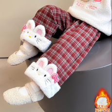 批发女童猫咪加绒裤子秋<b class='q'>冬</b>款小女孩时髦加厚一体羊驼绒过<b class='q'>冬</b>直筒格子裤