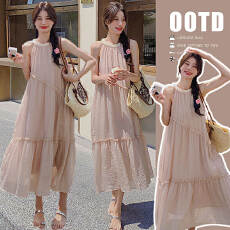 肌理感褶皱挂脖连衣裙 无袖露肩宽松大摆裙 温柔风遮肉显瘦孕妇裙