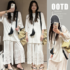 慵懒风宽松套装 中袖开衫上衣+蕾丝阔腿裤 休闲松弛感孕妇两件套