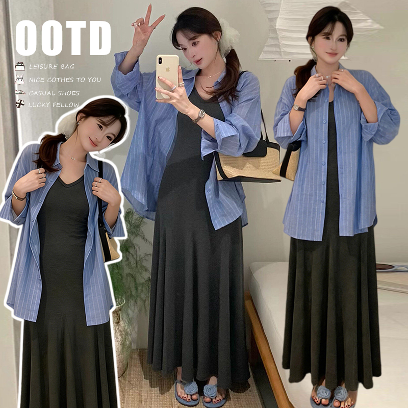 블루 스트라이프 자외선 차단 셔츠 회색 슬립 드레스 투피스 세트 한 부서 부드러운 바람 캐주얼 임산부 세트