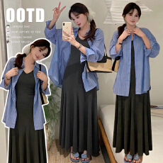 批发蓝条纹防晒衬衫+灰色吊带连衣裙两件套 韩系温柔风休闲孕妇<b class='q'>套装</b>