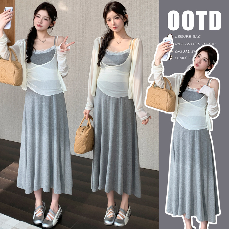 실사 프랑스식 부드러운 바람 레이스 조각 페이크 레이어드 슬립 드레스 니트 오픈 가디건 투피스 세트