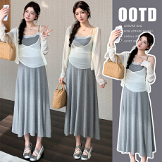 批发实拍 法式温柔风<b class='q'>蕾丝</b>拼接假两件吊带连衣裙针织开衫两件套