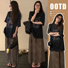 批发夏季新款孕妇套装 印花黑T+自带凉感豹纹半裙