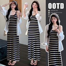 实拍 现条纹针织吊带连衣裙+轻薄白衬衫两件套条纹前后都可穿