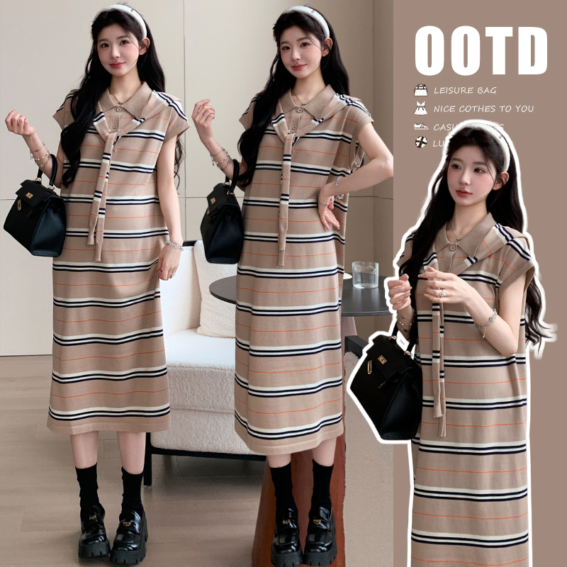 실사 xia 새로운 니트 스트라이프 롱 스커트 패션 슬림해 보이는 임신 엄마 착용 가져 가라. 신축성 드레스