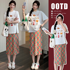 批发实拍 新款印花白T+弹力彩虹<b class='q'>格子</b>半身裙孕妇<b class='q'>套装</b>