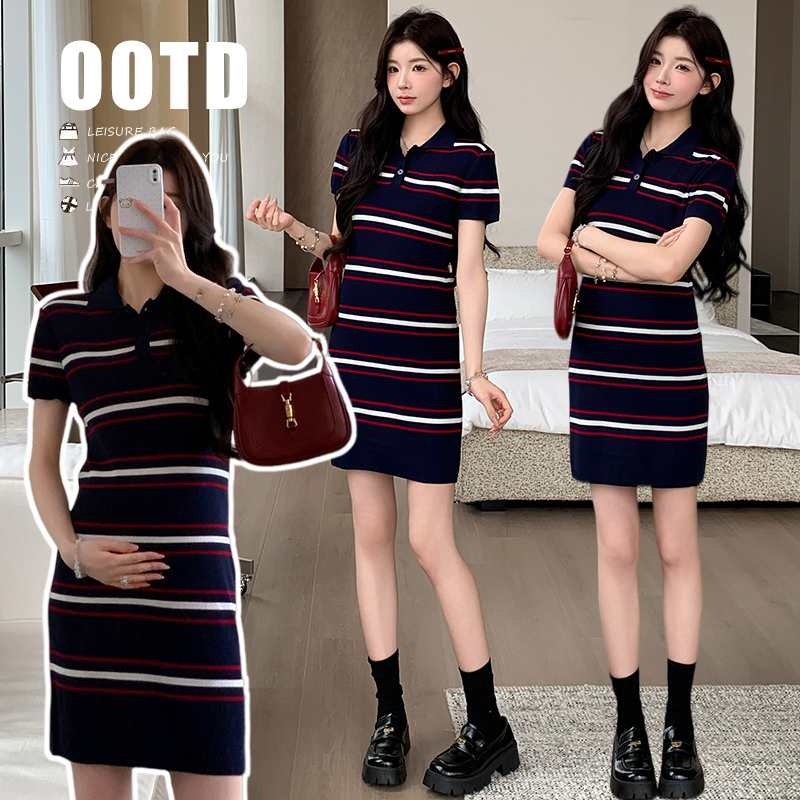 실사 지금 지금 임산부 새로운 프랑스식 블루 스트라이프 polo 디자인 센스 치마
