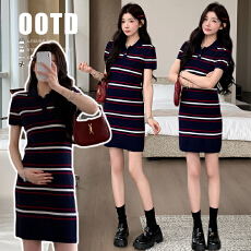 批发实拍 孕妇新款法式蓝条纹polo设计感裙子