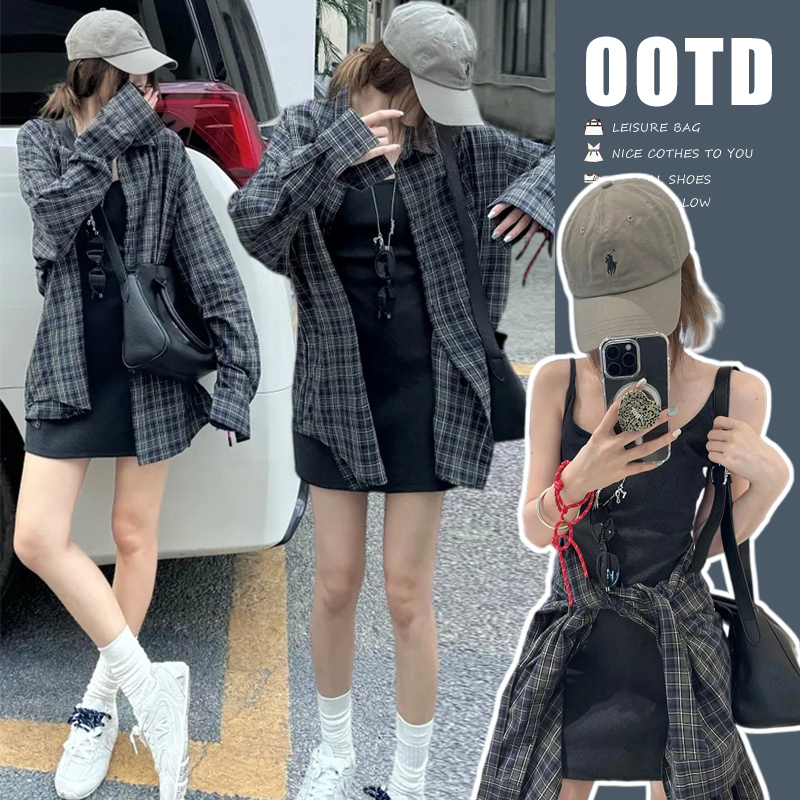 지금 지금 임산부 새로운 세트 대 에디션 격자 무늬 셔츠 슬립 드레스 투피스 세트