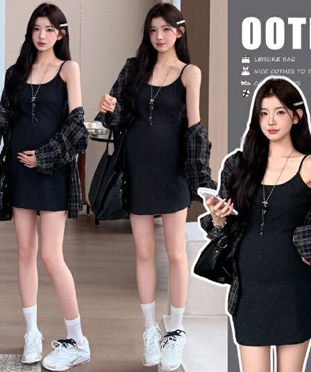 실사 지금 지금 임산부 새로운 세트 대 에디션 격자 무늬 셔츠 슬립 드레스 투피스 세트