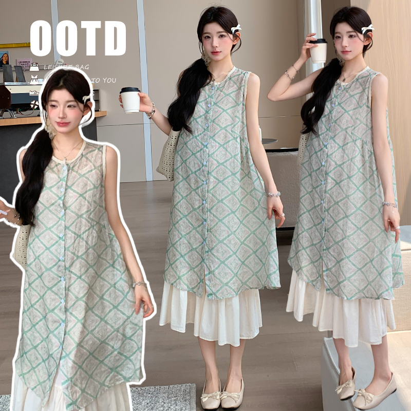 실사 지금 지금 임산부 새로운 루즈핏 녹색 체크무늬 조끼 스커트 대 치마 슬립 치마 세트