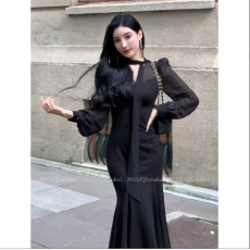 批发法式轻奢网纱拼接罗马纹鱼尾裙收腰高腰v领包臀裙