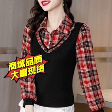 批发新款大码女装<b class='q'>妈妈</b>装女士上衣假两件格子拼接<b class='q'>针织衫</b>长袖小衫