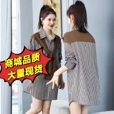 批发假两件女士长袖衬衫披肩2026<b class='q'>春</b>秋装西新款中长款条纹衬衣女装上衣