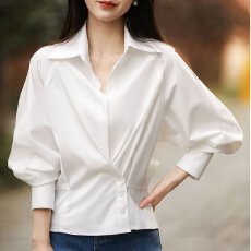 批发CYC697165AL笑涵阁 篙级气质感斜扣佰搭收腰显瘦翻领<b class='q'>衬衫</b>上衣は