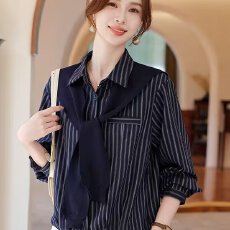 批发时尚条纹<b class='q'>衬衫</b>女2026春秋季新款韩版宽松显瘦百搭长袖竖条<b class='q'>衬衣</b>女