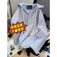 批发原版做工日系蓝色条纹连帽衬衫卫衣女秋季宽松复古港风休闲上衣