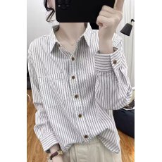 长袖韩国条纹衬衫宽松秋季提花新款显瘦纯棉衬衣打底叠穿抗皱上衣