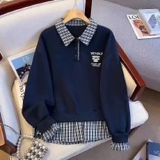 批发新款Polo领假两件拼接上衣小清新学院风显瘦百搭洋气卫衣