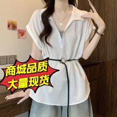 批发高级感V领正肩短袖衬衫女2026夏季<b class='q'>大码</b>胖mm收腰遮肚藏肉独特上衣