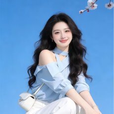 批发斜肩气质衬衫女早春新款独特漂亮上衣初夏休闲穿搭阔腿裤两件套装