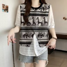 批发气质时尚假两件设计感宽松<b class='q'>衬衫</b>夏季薄款休闲印花上衣中<b class='q'>长款</b>小衫女