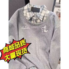 批发韩系假两件格子衬衫拼接polo领卫衣女秋<b class='q'>冬</b>小众蝴蝶刺绣正肩上衣