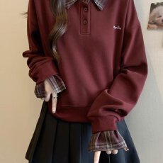 批发格子衬衫拼接polo领正肩藏蓝色<b class='q'>卫衣</b>女2026秋春大码胖mm假两件上衣