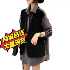批发设计感假两件马甲拼接长袖衬衫女<b class='q'>春</b>秋胖mm遮肚子显瘦正肩上衣