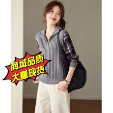 批发格纹拼接半拉链上衣设计感针织款 通勤<b class='q'>气质</b>百搭 宽松显瘦小众款