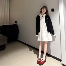 批发白色娃娃领显瘦气质衬衫<b class='q'>连衣裙</b>套装女温柔减龄开衫两件套